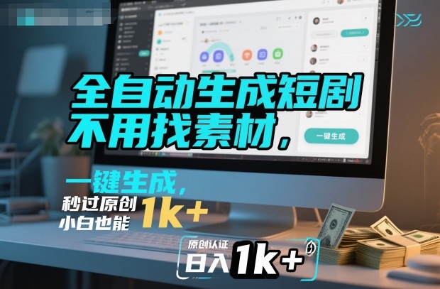 全自动生成短剧，不用找素材，不用剪辑，一键生成，秒过原创，小白也能轻松日入1k+【揭秘】网创-网赚-电商-tk-出海-AI-抖音-快手-小红书-视频号-玩法-创业-小程序-公众号-私域-s粉网创智库