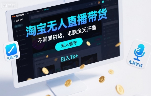 淘宝无人直播带货，不需要出镜，不需要讲话，电脑全天开播，轻松上手，日入1k+【揭秘】网创-网赚-电商-tk-出海-AI-抖音-快手-小红书-视频号-玩法-创业-小程序-公众号-私域-s粉网创智库