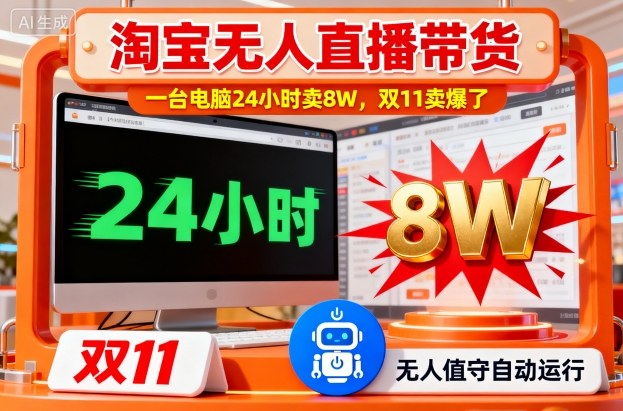 淘宝无人直播带货，一台电脑214小时卖8W，双11卖爆了【揭秘】网创-网赚-电商-tk-出海-AI-抖音-快手-小红书-视频号-玩法-创业-小程序-公众号-私域-s粉网创智库