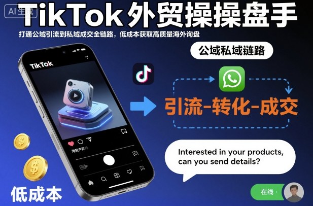 TikTok外贸操盘手，打通公域引流到私域成交全链路，低成本获取高质量海外询盘网创-网赚-电商-tk-出海-AI-抖音-快手-小红书-视频号-玩法-创业-小程序-公众号-私域-s粉网创智库
