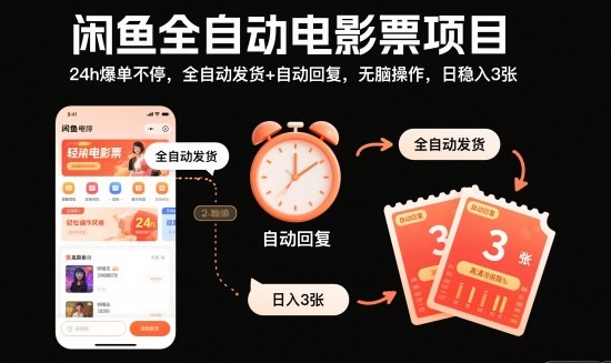 闲鱼全自动电影票项目，24h爆单不停，全自动发货+自动回复，无脑操作，日稳入3张【揭秘】网创-网赚-电商-tk-出海-AI-抖音-快手-小红书-视频号-玩法-创业-小程序-公众号-私域-s粉网创智库