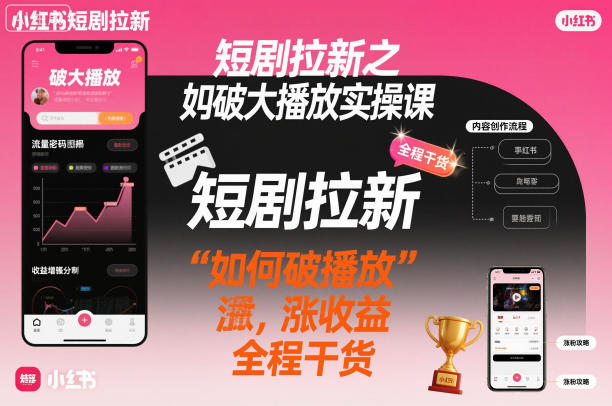 短剧拉新之小红书如何破大播放实操课，如何破播放，涨收益，全程干货网创-网赚-电商-tk-出海-AI-抖音-快手-小红书-视频号-玩法-创业-小程序-公众号-私域-s粉网创智库