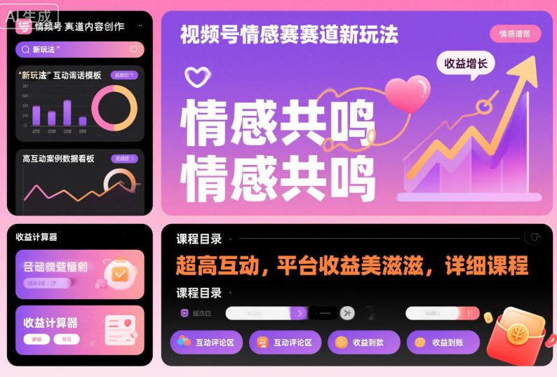 视频号情感赛道新玩法，超高互动，平台收益美滋滋，详细课程网创-网赚-电商-tk-出海-AI-抖音-快手-小红书-视频号-玩法-创业-小程序-公众号-私域-s粉网创智库