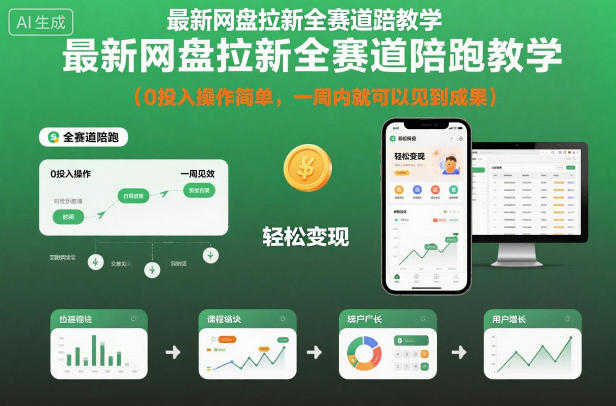 最新网盘拉新全赛道陪跑教学，0投入操作简单，一周内就可以见到成果网创-网赚-电商-tk-出海-AI-抖音-快手-小红书-视频号-玩法-创业-小程序-公众号-私域-s粉网创智库