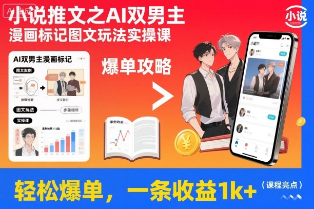小说推文之AI双男主漫画标记图文玩法实操课，轻松爆单，一条收益1k+网创-网赚-电商-tk-出海-AI-抖音-快手-小红书-视频号-玩法-创业-小程序-公众号-私域-s粉网创智库
