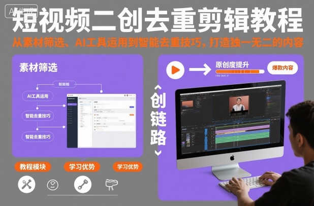 短视频二创去重剪辑教程，从素材筛选、AI工具运用到智能去重技巧，打造独一无二的内容网创-网赚-电商-tk-出海-AI-抖音-快手-小红书-视频号-玩法-创业-小程序-公众号-私域-s粉网创智库