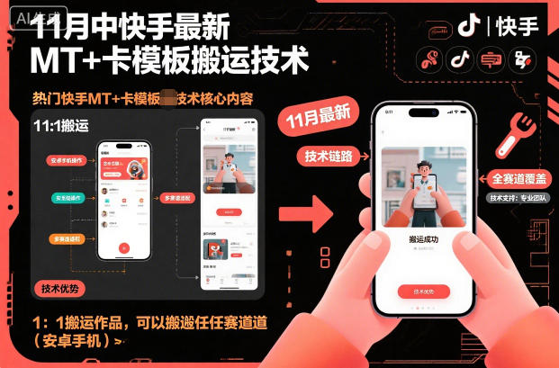 11月中快手最新MT+卡模板搬运技术，1：1搬运作品，可以搬运任何赛道(安卓手机)网创-网赚-电商-tk-出海-AI-抖音-快手-小红书-视频号-玩法-创业-小程序-公众号-私域-s粉网创智库