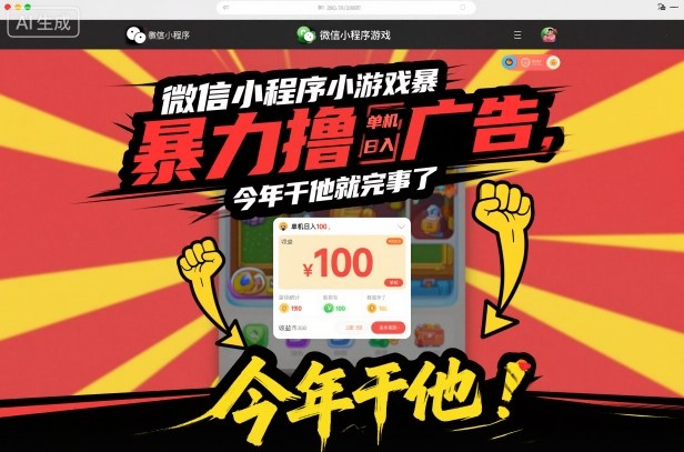 微信小程序小游戏暴力撸广告，单机日入100，今年干他就完事了网创-网赚-电商-tk-出海-AI-抖音-快手-小红书-视频号-玩法-创业-小程序-公众号-私域-s粉网创智库