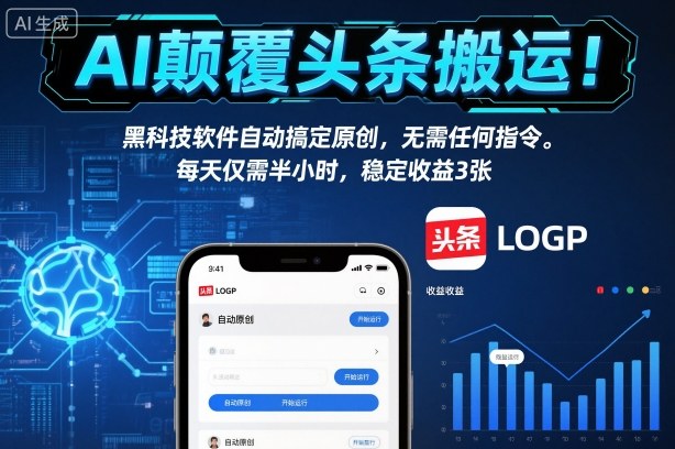 AI颠覆头条搬运！黑科技软件自动搞定原创，无需任何指令。每天仅需半小时，稳定收益3张【揭秘】网创-网赚-电商-tk-出海-AI-抖音-快手-小红书-视频号-玩法-创业-小程序-公众号-私域-s粉网创智库