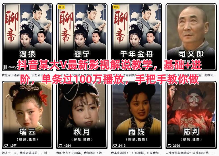 抖音某大V最新影视解说教学，基础+进阶，单条过100万播放，手把手教你做网创-网赚-电商-tk-出海-AI-抖音-快手-小红书-视频号-玩法-创业-小程序-公众号-私域-s粉网创智库