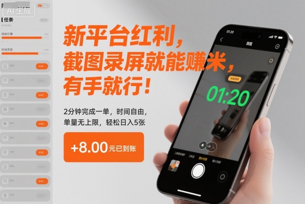 新平台红利，截图录屏就能賺米，有手就行！2分钟完成一单，时间自由，单量无上限，轻松日入5张【揭秘】网创-网赚-电商-tk-出海-AI-抖音-快手-小红书-视频号-玩法-创业-小程序-公众号-私域-s粉网创智库