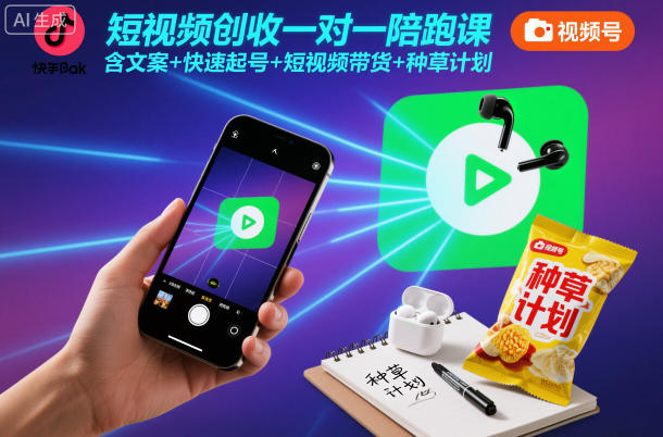 短视频创收一对一陪跑课，含文案+快速起号+短视频带货+种草计划网创-网赚-电商-tk-出海-AI-抖音-快手-小红书-视频号-玩法-创业-小程序-公众号-私域-s粉网创智库