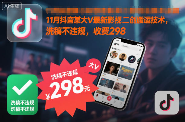 11月抖音某大V最新影视二创搬运技术，洗稿不违规，收费298网创-网赚-电商-tk-出海-AI-抖音-快手-小红书-视频号-玩法-创业-小程序-公众号-私域-s粉网创智库