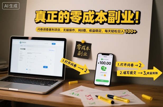 真正的零成本副业！问卷调查暴利项目，无脑操作，纯0撸，收益稳定，每天轻松日入100+【揭秘】网创-网赚-电商-tk-出海-AI-抖音-快手-小红书-视频号-玩法-创业-小程序-公众号-私域-s粉网创智库