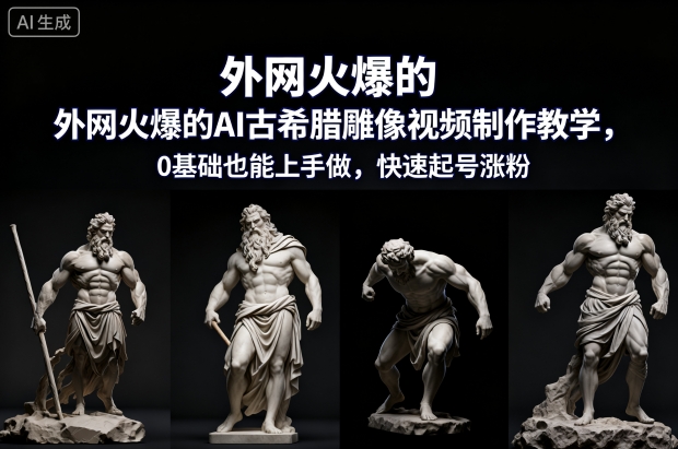 外网火爆的AI古希腊雕像视频制作教学，0基础也能上手做，快速起号涨粉网创-网赚-电商-tk-出海-AI-抖音-快手-小红书-视频号-玩法-创业-小程序-公众号-私域-s粉网创智库