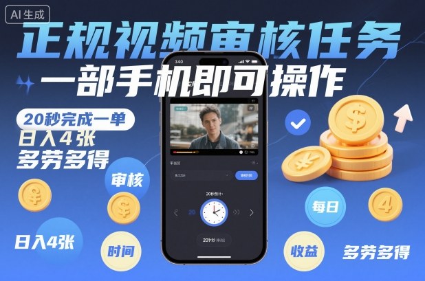 正规视频审核任务，一部手机即可操作，20秒完成一单，日入4张，多劳多得【揭秘】网创-网赚-电商-tk-出海-AI-抖音-快手-小红书-视频号-玩法-创业-小程序-公众号-私域-s粉网创智库