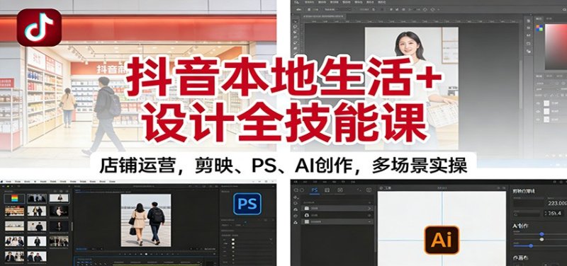 抖音本地生活+设计全技能课：店铺运营，剪映、PS、AI创作，多场景实操网创-网赚-电商-tk-出海-AI-抖音-快手-小红书-视频号-玩法-创业-小程序-公众号-私域-s粉网创智库