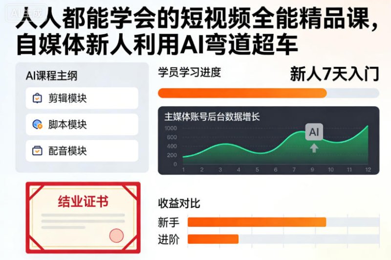 人人都能学会的短视频全能精品课，自媒体新人利用AI弯道超车网创-网赚-电商-tk-出海-AI-抖音-快手-小红书-视频号-玩法-创业-小程序-公众号-私域-s粉网创智库