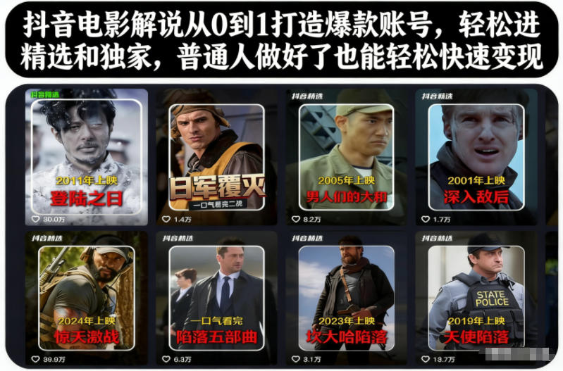 抖音电影解说从0到1打造爆款账号，轻松进精选和独家，普通人做好了也能轻松快速变现网创-网赚-电商-tk-出海-AI-抖音-快手-小红书-视频号-玩法-创业-小程序-公众号-私域-s粉网创智库
