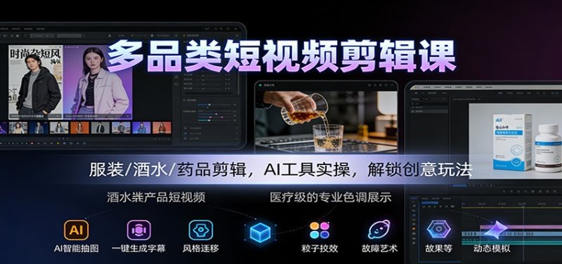 多品类短视频剪辑课：服装/酒水/药品剪辑，AI工具实操，解锁创意玩法网创-网赚-电商-tk-出海-AI-抖音-快手-小红书-视频号-玩法-创业-小程序-公众号-私域-s粉网创智库