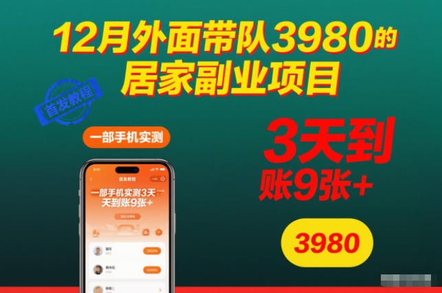 12月外面带队3980的居家副业项目，一部手机实测3天到账9张+，首发教程【揭秘】网创-网赚-电商-tk-出海-AI-抖音-快手-小红书-视频号-玩法-创业-小程序-公众号-私域-s粉网创智库