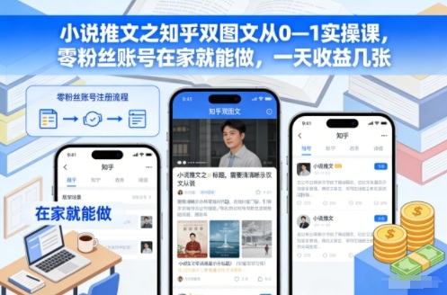 小说推文之知乎双图文从0—1实操课，零粉丝账号在家就能做，一天收益几张网创-网赚-电商-tk-出海-AI-抖音-快手-小红书-视频号-玩法-创业-小程序-公众号-私域-s粉网创智库