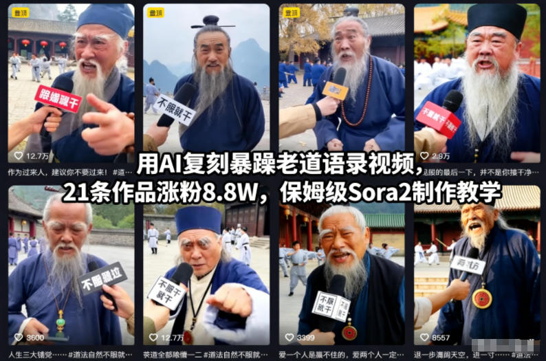 用AI复刻暴躁老道语录视频，21条作品涨粉8.8W，保姆级Sora2制作教学网创-网赚-电商-tk-出海-AI-抖音-快手-小红书-视频号-玩法-创业-小程序-公众号-私域-s粉网创智库