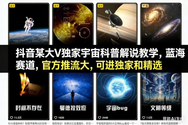 抖音某大V独家宇宙科普解说教学，蓝海赛道，官方推流大，可进独家和精选网创-网赚-电商-tk-出海-AI-抖音-快手-小红书-视频号-玩法-创业-小程序-公众号-私域-s粉网创智库