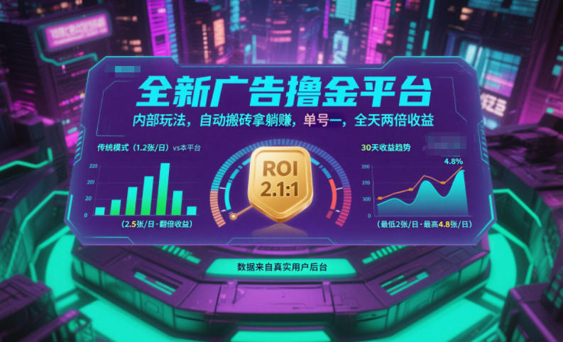 全新广告撸金平台，内部玩法，自动搬砖拿躺賺，单号一天保底2张+，全天两倍收益【揭秘】网创-网赚-电商-tk-出海-AI-抖音-快手-小红书-视频号-玩法-创业-小程序-公众号-私域-s粉网创智库