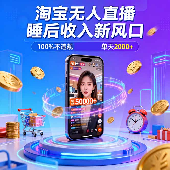 淘宝无人直播，不违规不封号，直播100小时卖了5万，年底旺季！网创-网赚-电商-tk-出海-AI-抖音-快手-小红书-视频号-玩法-创业-小程序-公众号-私域-s粉网创智库