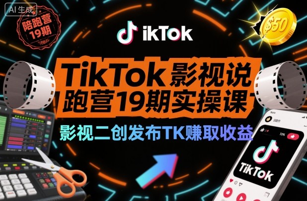 TikTok影视解说陪跑营19期实操课，影视二创发布TK賺取收益，万播收益50美金(更新)网创-网赚-电商-tk-出海-AI-抖音-快手-小红书-视频号-玩法-创业-小程序-公众号-私域-s粉网创智库