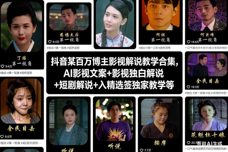 抖音某百万博主影视解说教学合集，AI影视文案+影视独白解说+短剧解说+入精选签独家教学等网创-网赚-电商-tk-出海-AI-抖音-快手-小红书-视频号-玩法-创业-小程序-公众号-私域-s粉网创智库