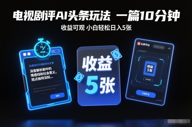 电视剧评AI头条玩法，一篇10分钟，收益可观，小白轻松日入5张+【独家】网创-网赚-电商-tk-出海-AI-抖音-快手-小红书-视频号-玩法-创业-小程序-公众号-私域-s粉网创智库