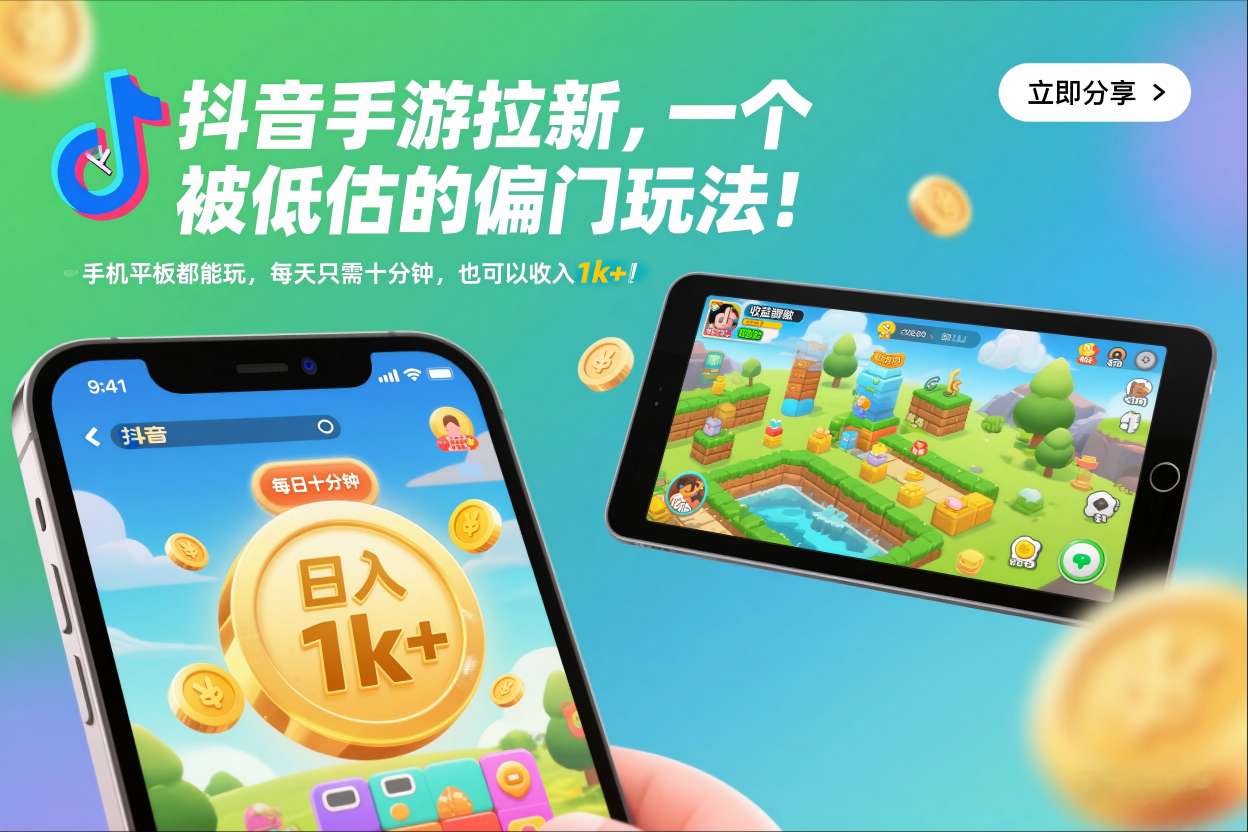 抖音手游拉新，一个被低估的偏门玩法！手机平板都能玩，每天只需十分钟，也可以收入1k+【揭秘】 - 网创智库网创-网赚-电商-tk-出海-AI-抖音-快手-小红书-视频号-玩法-创业-小程序-公众号-私域-s粉网创智库