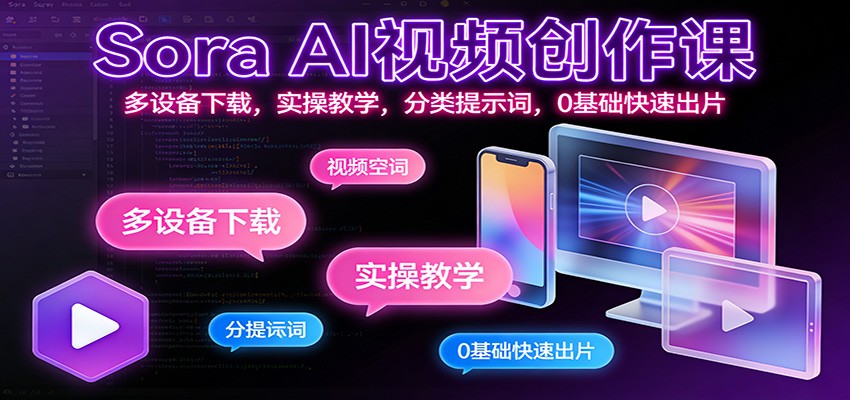 Sora AI视频创作课:多设备下载,实操教学,分类提示词,0基础快速出片 - 网创智库网创-网赚-电商-tk-出海-AI-抖音-快手-小红书-视频号-玩法-创业-小程序-公众号-私域-s粉网创智库