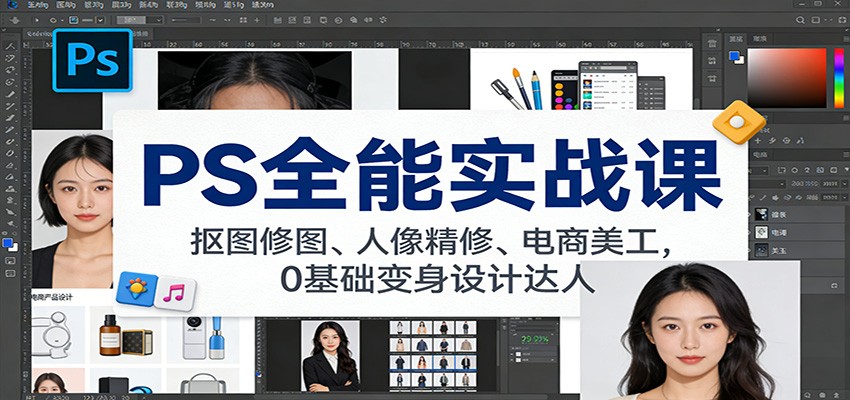 PS全能实战课：抠图修图、人像精修、电商美工，0基础变身设计达人 - 网创智库网创-网赚-电商-tk-出海-AI-抖音-快手-小红书-视频号-玩法-创业-小程序-公众号-私域-s粉网创智库