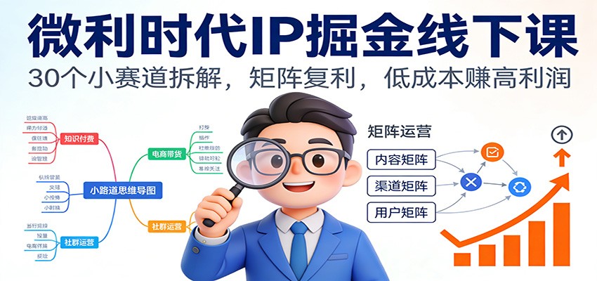 微利时代IP掘金线下课：30个小赛道拆解，矩阵复利，低成本赚高利润 - 网创智库网创-网赚-电商-tk-出海-AI-抖音-快手-小红书-视频号-玩法-创业-小程序-公众号-私域-s粉网创智库