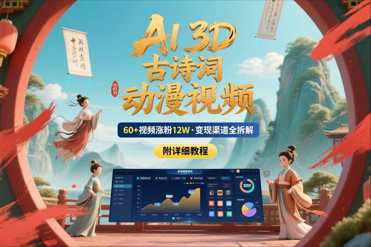 AI制作3D古诗词动漫视频，60多个视频涨粉12W，多个变现渠道拆解【附详细教程】 - 网创智库网创-网赚-电商-tk-出海-AI-抖音-快手-小红书-视频号-玩法-创业-小程序-公众号-私域-s粉网创智库