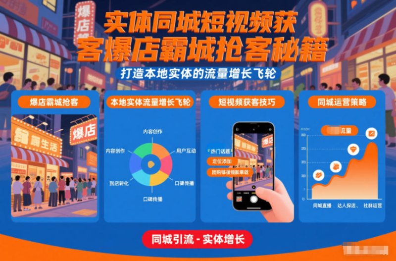 实体同城短视频获客爆店霸城抢客秘籍，打造本地实体的流量增长飞轮网创-网赚-电商-tk-出海-AI-抖音-快手-小红书-视频号-玩法-创业-小程序-公众号-私域-s粉网创智库