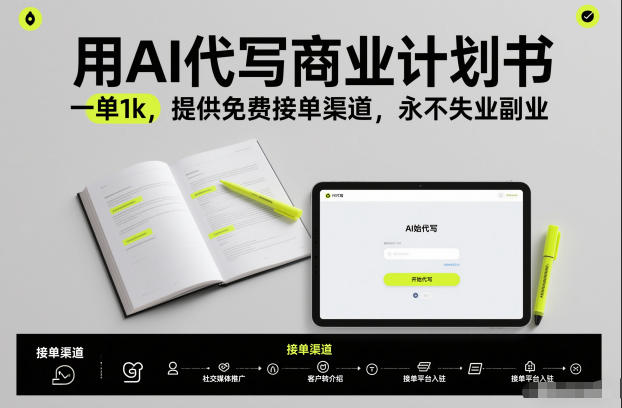 用AI代写商业计划书，一单1k，提供免费接单渠道，永不失业副业网创-网赚-电商-tk-出海-AI-抖音-快手-小红书-视频号-玩法-创业-小程序-公众号-私域-s粉网创智库