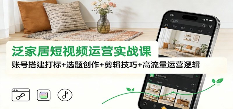泛家居短视频运营实战课：账号搭建打标+选题创作+剪辑技巧+高流量运营逻辑网创-网赚-电商-tk-出海-AI-抖音-快手-小红书-视频号-玩法-创业-小程序-公众号-私域-s粉网创智库