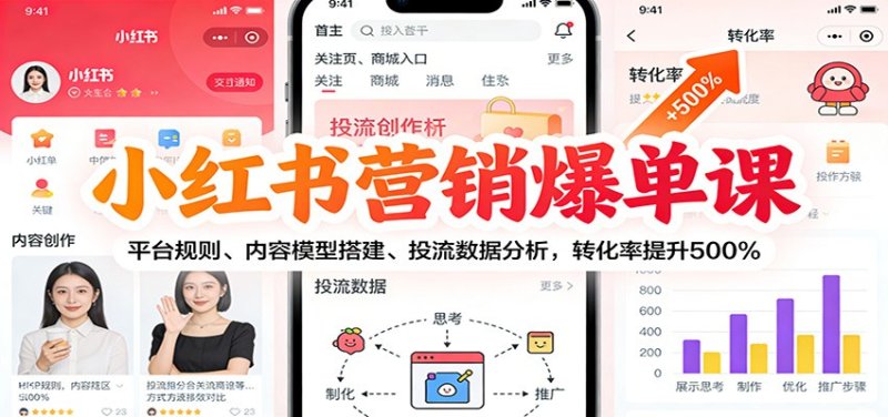 小红书营销爆单课：平台规则、内容模型搭建、投流数据分析，转化率提升500%网创-网赚-电商-tk-出海-AI-抖音-快手-小红书-视频号-玩法-创业-小程序-公众号-私域-s粉网创智库