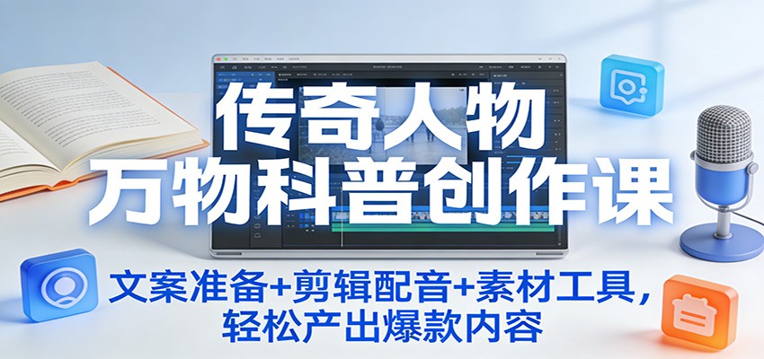 传奇人物万物科普创作课:文案准备+剪辑配音+素材工具,轻松产出爆款内容 - 网创智库网创-网赚-电商-tk-出海-AI-抖音-快手-小红书-视频号-玩法-创业-小程序-公众号-私域-s粉网创智库