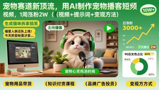 宠物赛道新顶流，用AI制作宠物播客短视频，1周涨粉2W(视频+提示词+变现方法)网创-网赚-电商-tk-出海-AI-抖音-快手-小红书-视频号-玩法-创业-小程序-公众号-私域-s粉网创智库