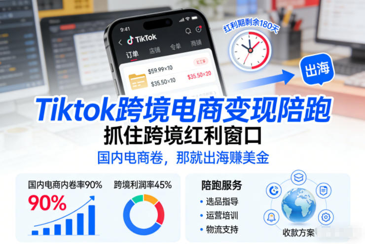 Tiktok跨境电商变现陪跑，抓住跨境红利窗口，国内电商卷，那就出海賺美金网创-网赚-电商-tk-出海-AI-抖音-快手-小红书-视频号-玩法-创业-小程序-公众号-私域-s粉网创智库