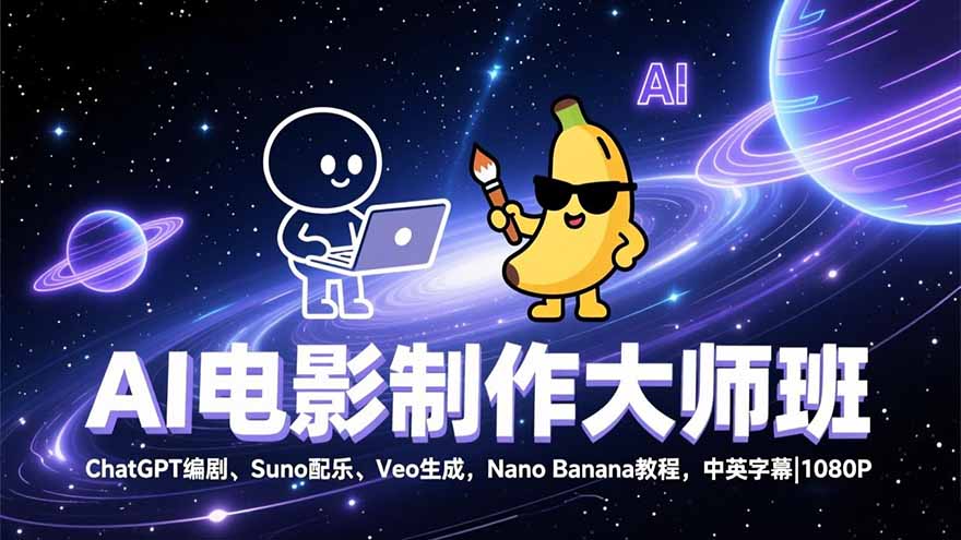 AI电影制作大师班：ChatGPT编剧、Suno配乐、Veo生成，Nano Banana教程，中英字幕|1080P - 网创智库网创-网赚-电商-tk-出海-AI-抖音-快手-小红书-视频号-玩法-创业-小程序-公众号-私域-s粉网创智库