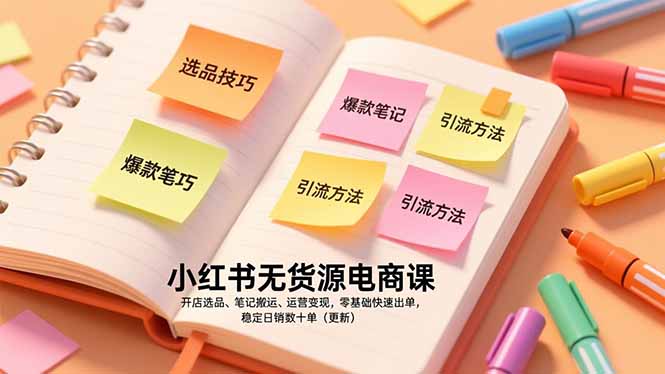 小红书无货源电商课，开店选品、笔记搬运、运营变现，零基础快速出单，稳定日销数十单(更新网创-网赚-电商-tk-出海-AI-抖音-快手-小红书-视频号-玩法-创业-小程序-公众号-私域-s粉网创智库