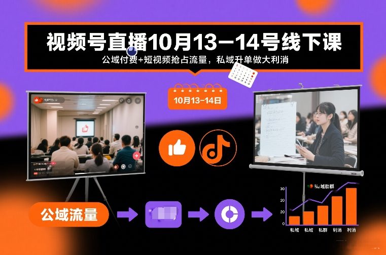 视频号直播10月13-14号线下课，公域付费+短视频抢占流量，私域升单做大利消网创-网赚-电商-tk-出海-AI-抖音-快手-小红书-视频号-玩法-创业-小程序-公众号-私域-s粉网创智库
