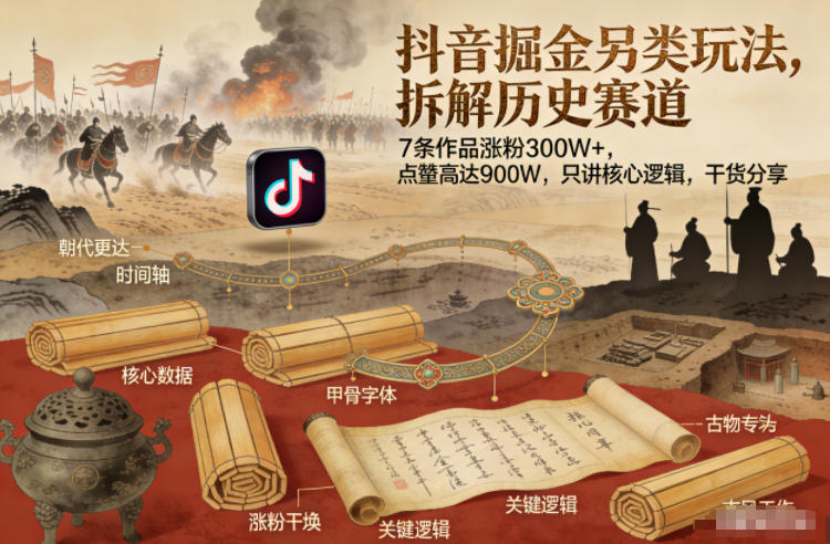 抖音掘金另类玩法，拆解历史赛道，7条作品涨粉300W+，点赞量高达900W，只讲核心逻辑，干货分享网创-网赚-电商-tk-出海-AI-抖音-快手-小红书-视频号-玩法-创业-小程序-公众号-私域-s粉网创智库