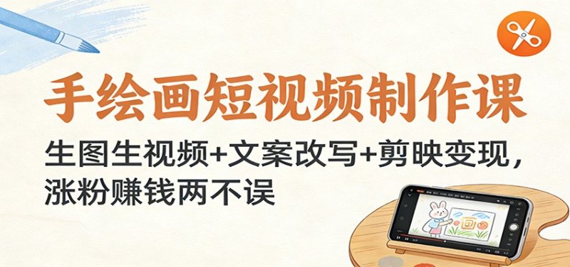 手绘画短视频制作课：生图生视频+文案改写+剪映变现，涨粉赚钱两不误网创-网赚-电商-tk-出海-AI-抖音-快手-小红书-视频号-玩法-创业-小程序-公众号-私域-s粉网创智库